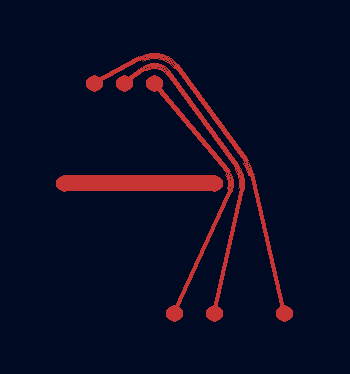 Animation showing three red-colored traces pass around a barrier. Trace bends are not aligned to a grid unlike most PCB layouts these days (this is called "topological routing"). The traces and the barrier are all solid red. The background is black but also very slightly white and blue.