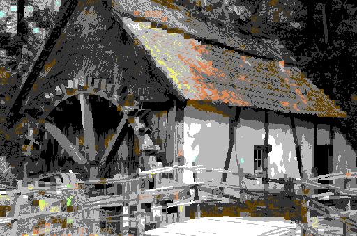 Watermill photo by Paul Teysen, with 8x8 cells and C64 palette