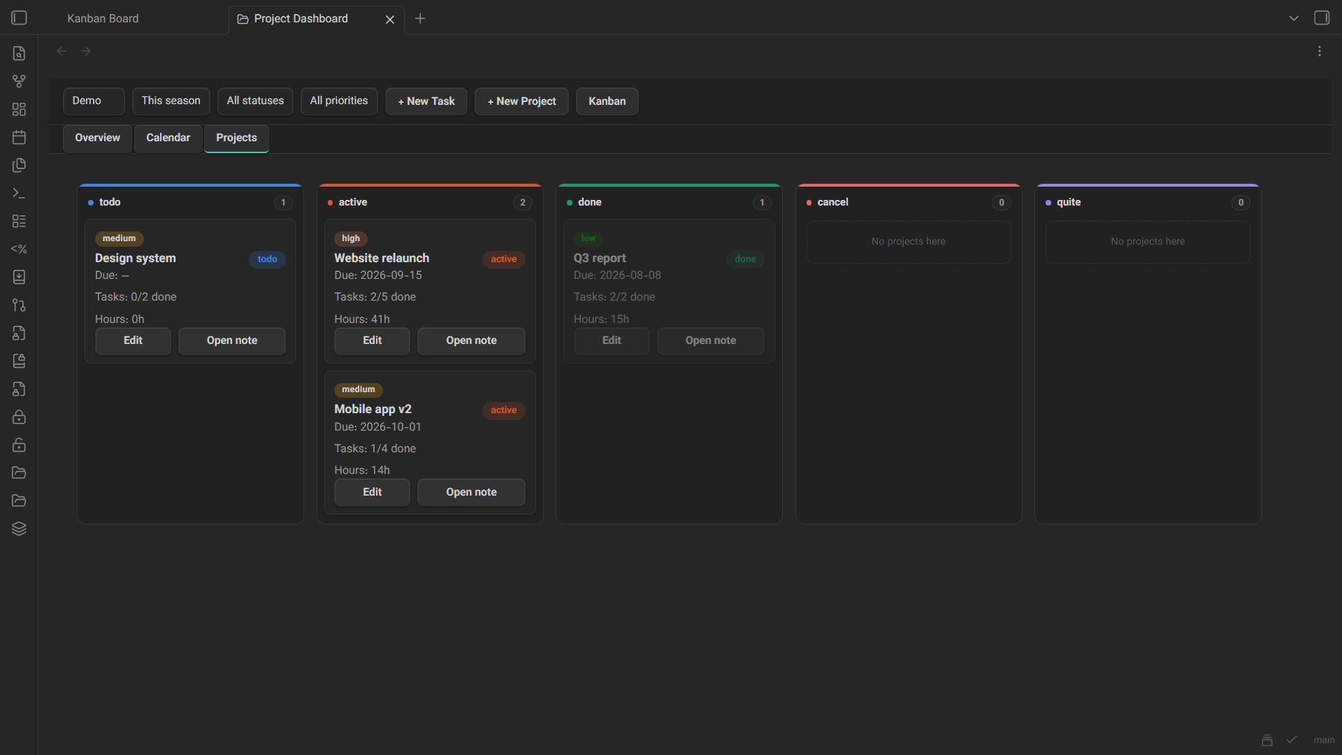 The projects tab