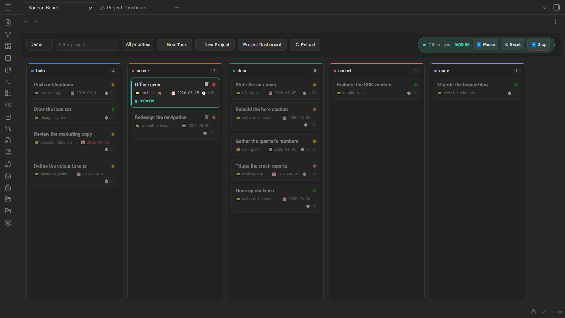 The kanban board with a timer running
