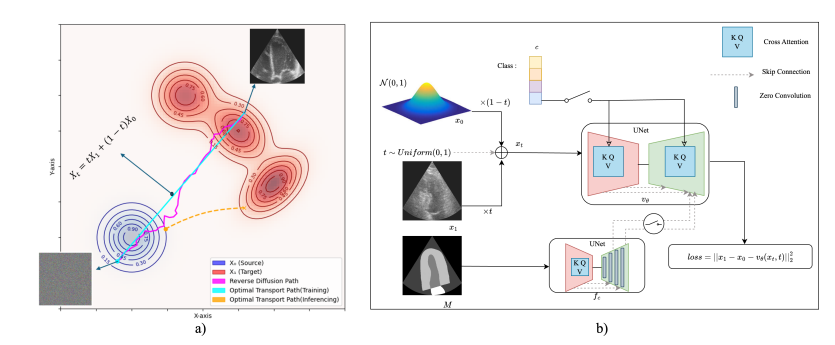 MOTFM overview: straighter transport path vs diffusion and conditioning architecture