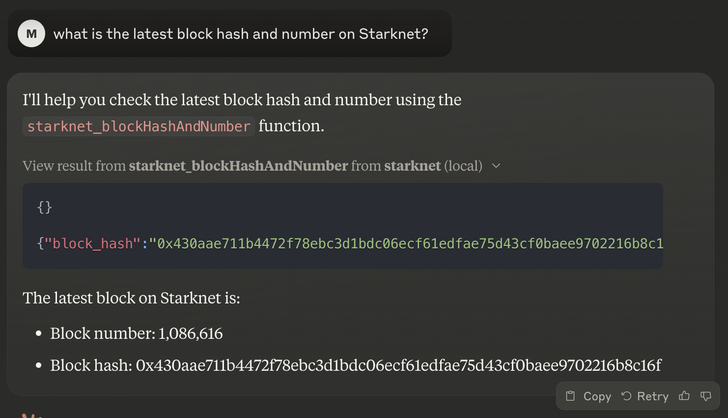 Claude showing output after using starknet-mcp