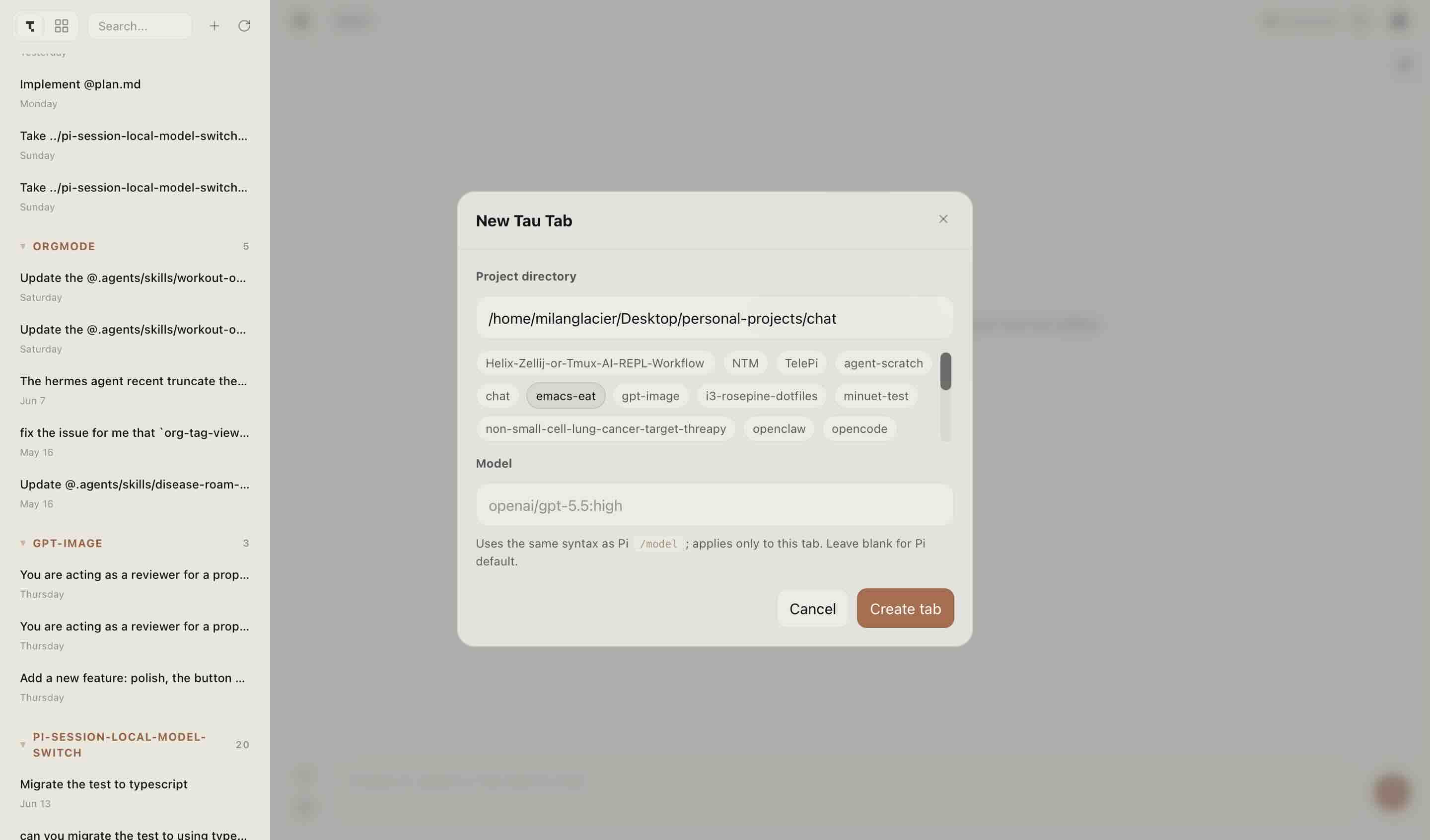 New tab modal