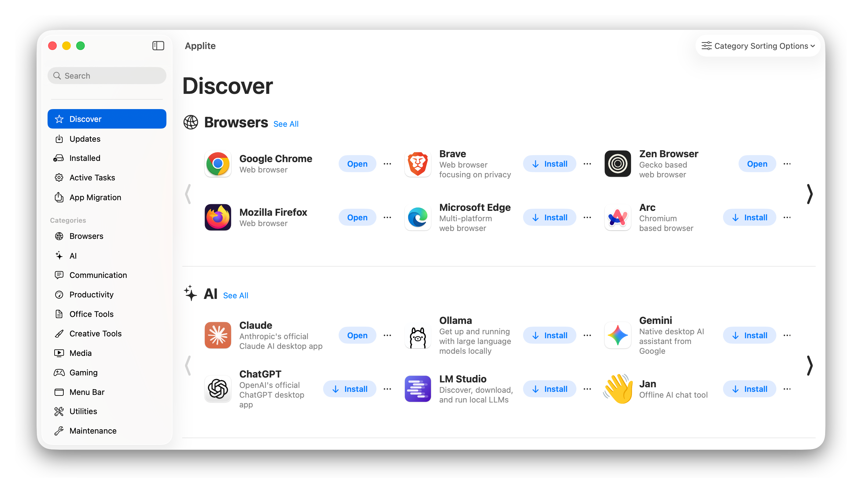 Applite Discover page