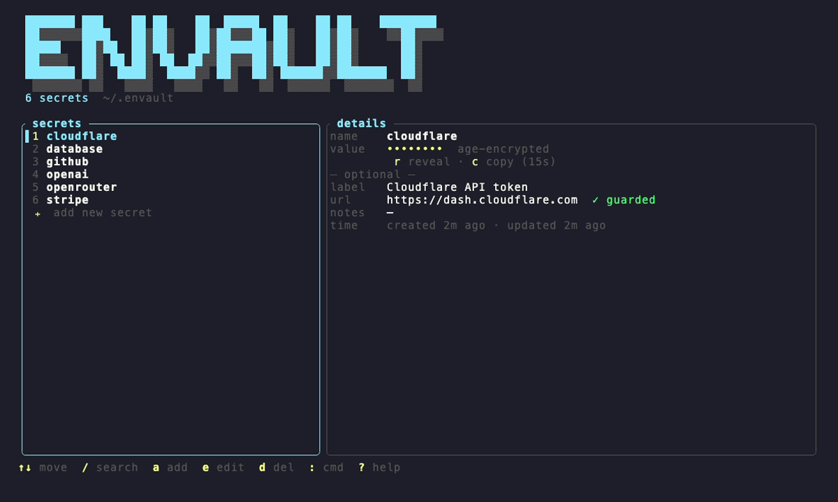 the envault dashboard — an interactive, encrypted secrets vault