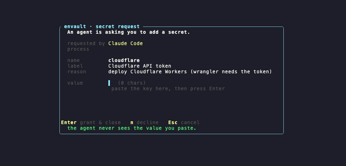 the envault request window — you grant a secret to the agent without it ever seeing the value