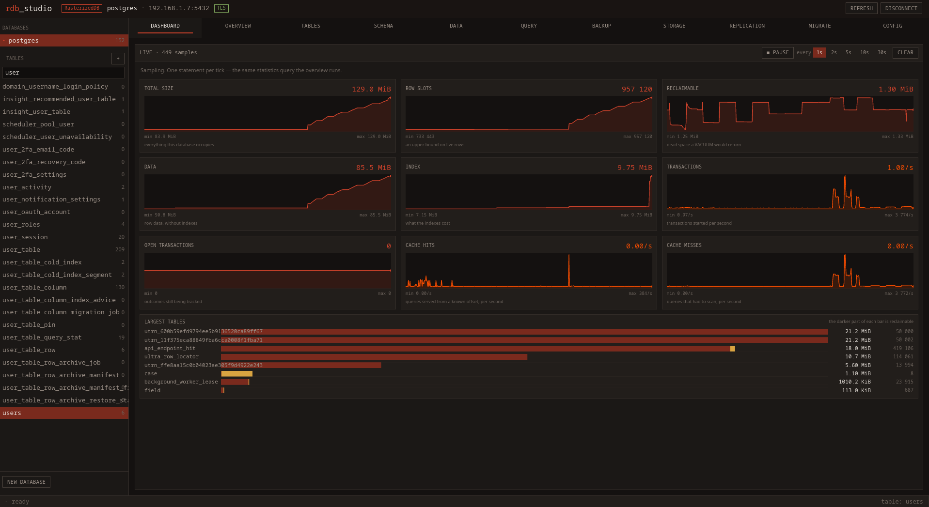 rdb_studio connected to a RasterizedDB server