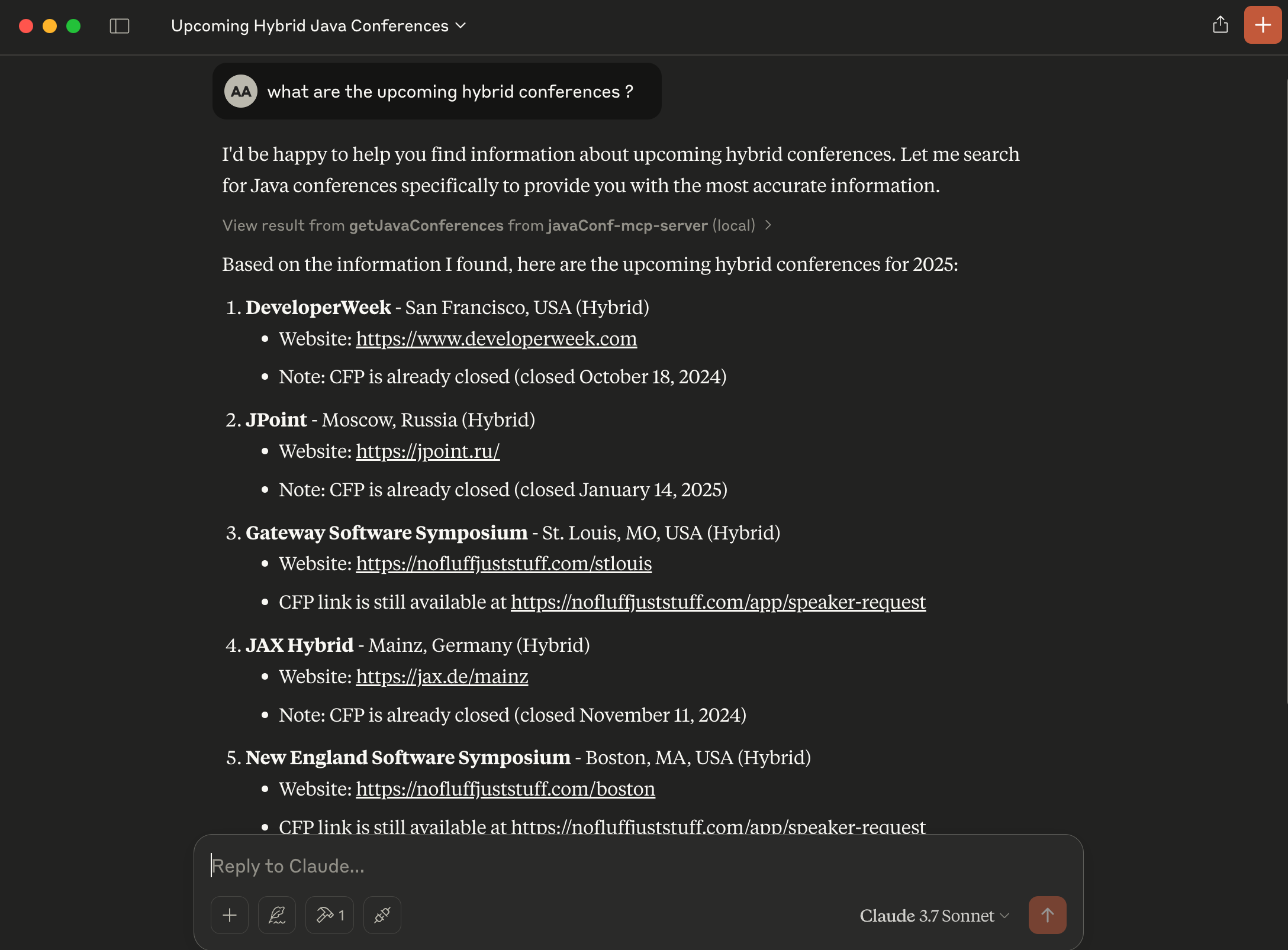 Example of a conversation with the MCP server