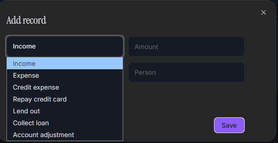 Personal Funds add record dialog