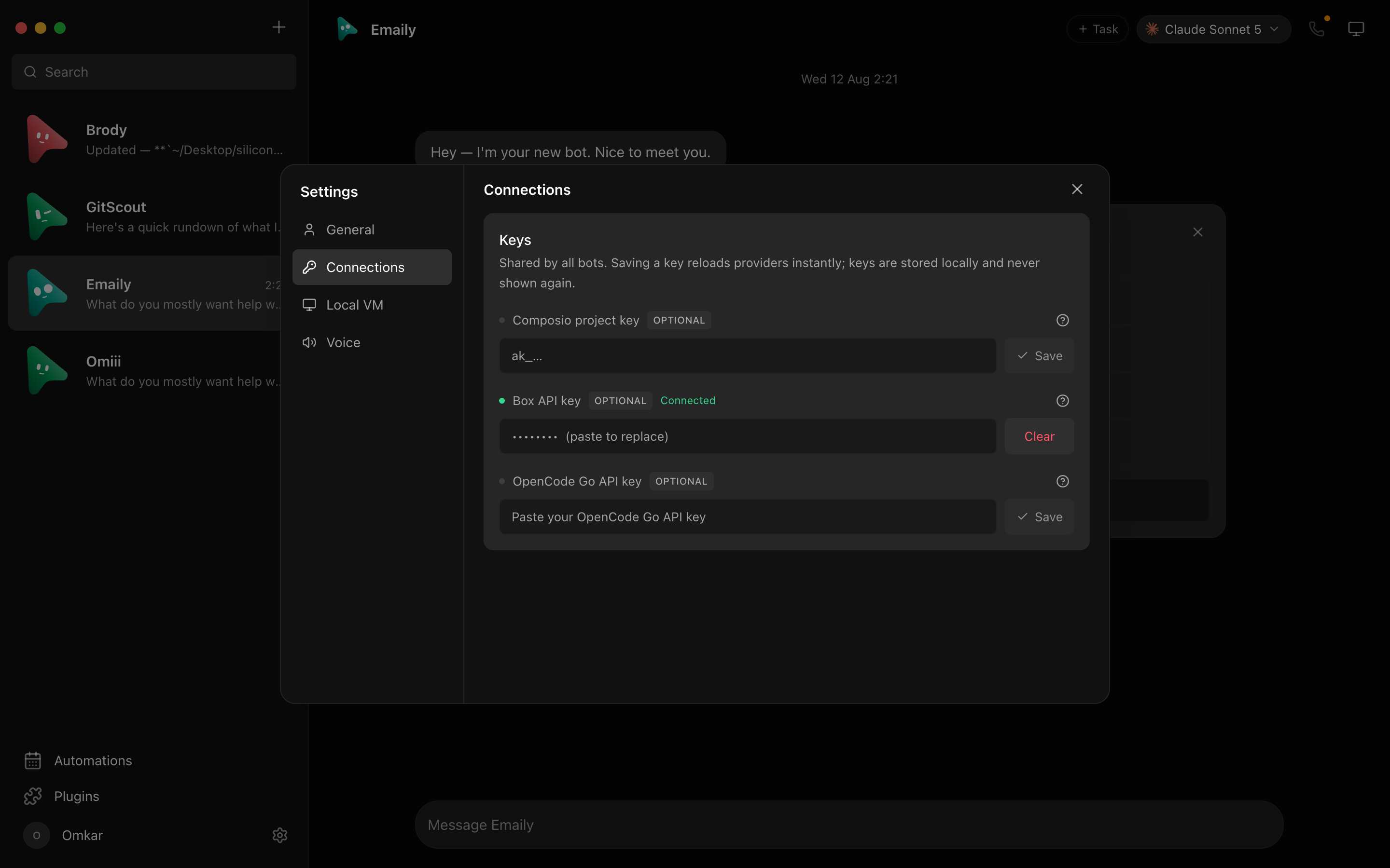 App-level settings with API keys