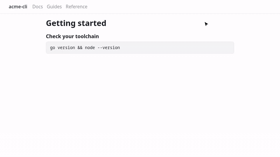 Demo: Ctrl+J opens a terminal panel on a docs page and runs local commands, vim and a Run in terminal block