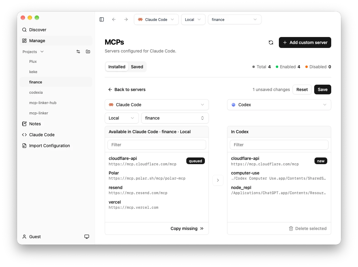 Local Sync: copy servers from Claude Code to Codex