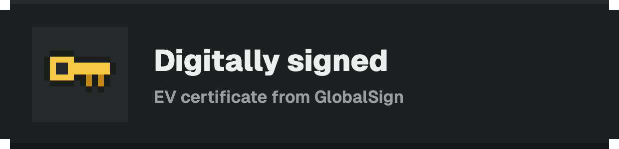 The installer from the site is signed with a GlobalSign EV certificate