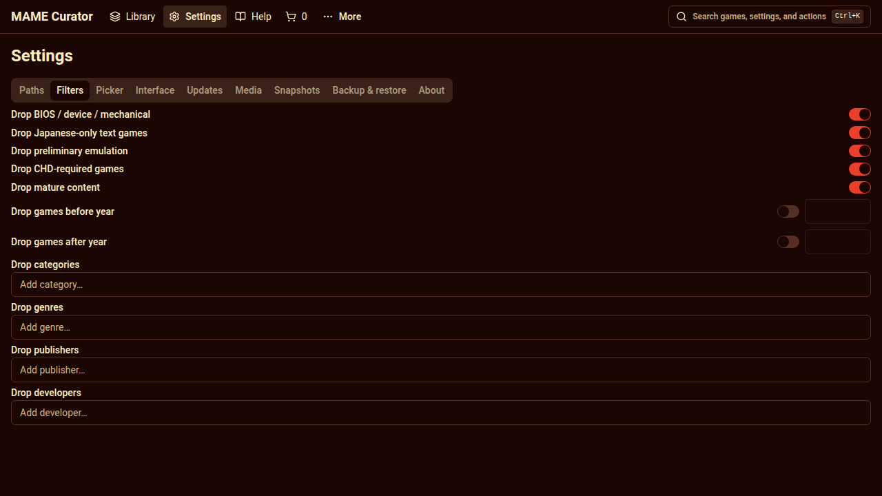 Filters tab in Settings
