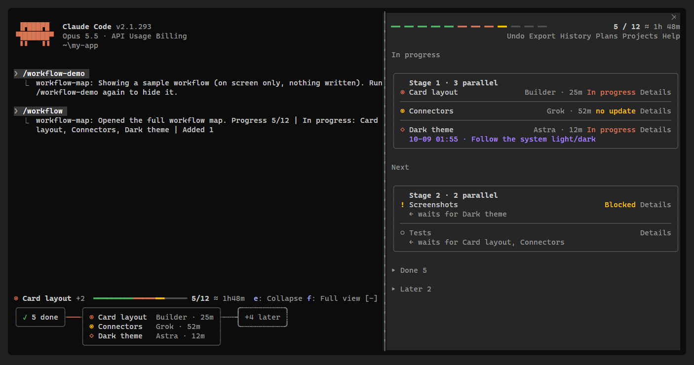 Claude Code in a terminal: band and full view