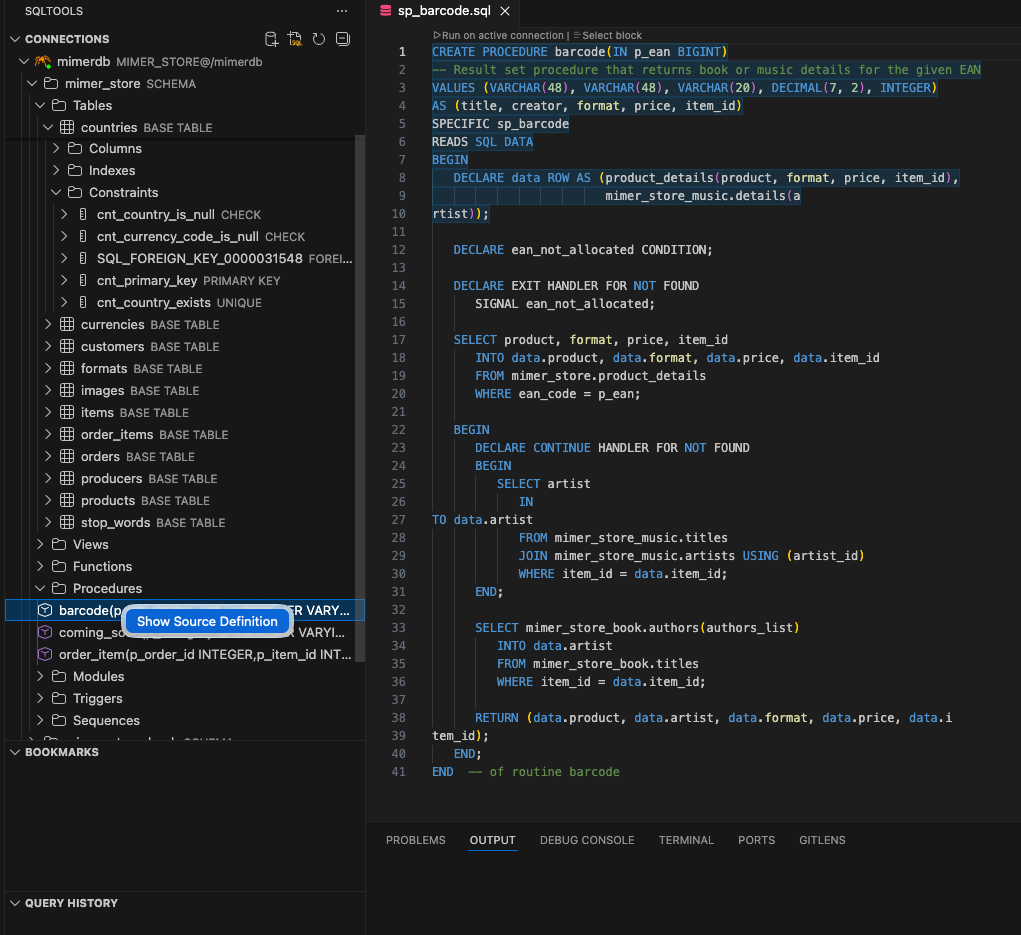 SQLTools Mimer SQL Driver schema browser