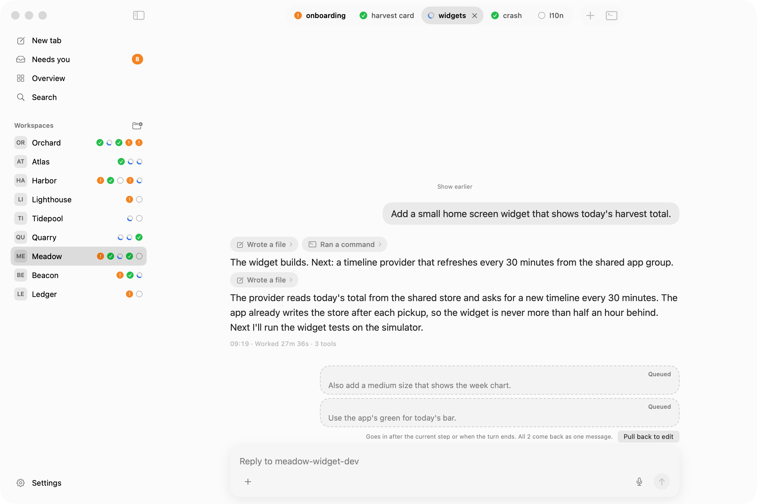 Two queued messages above the reply field, with Pull back to edit