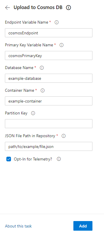 An image that shows the fields for the upload task filled in with the dummy contents listed in the YAML snippet below