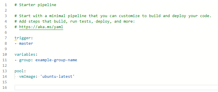 An image showing the starter pipeline YAML editor view. The contents are made up of starter content with trigger and pool definitions, with the added variables definition included.