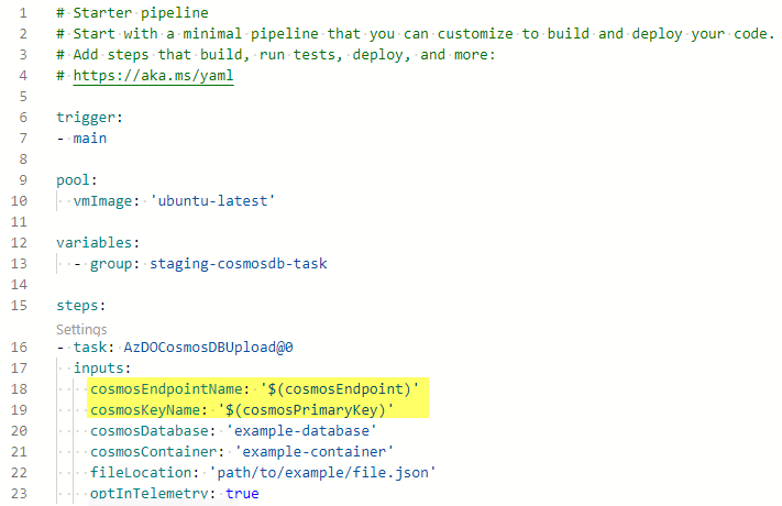 An image showing the upload task with the inputs for cosmosEndpointName and cosmosKeyName are wrapped in the variable macro syntax. The two lines are highlighted in yellow alongside the rest of the YAML file.