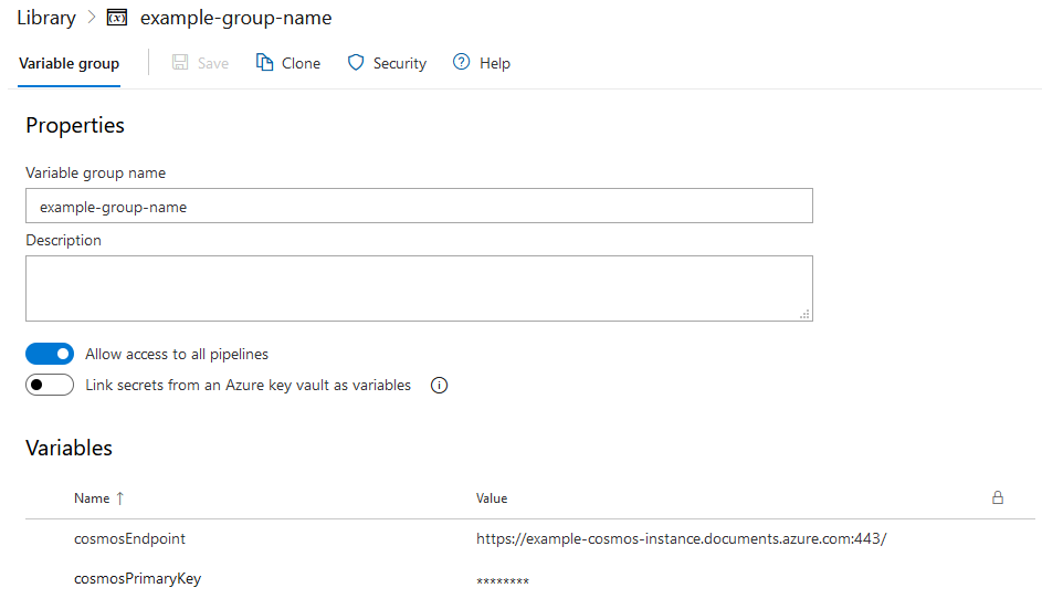 An image showing the Variable Group setup page in Azure DevOps, with two key-value pairs filled in: cosmosEndpoint and cosmosPrimaryKey, along with their respective values.