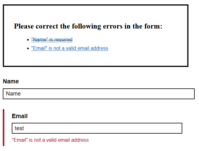Screenshot of a form with inline errors and error summary above