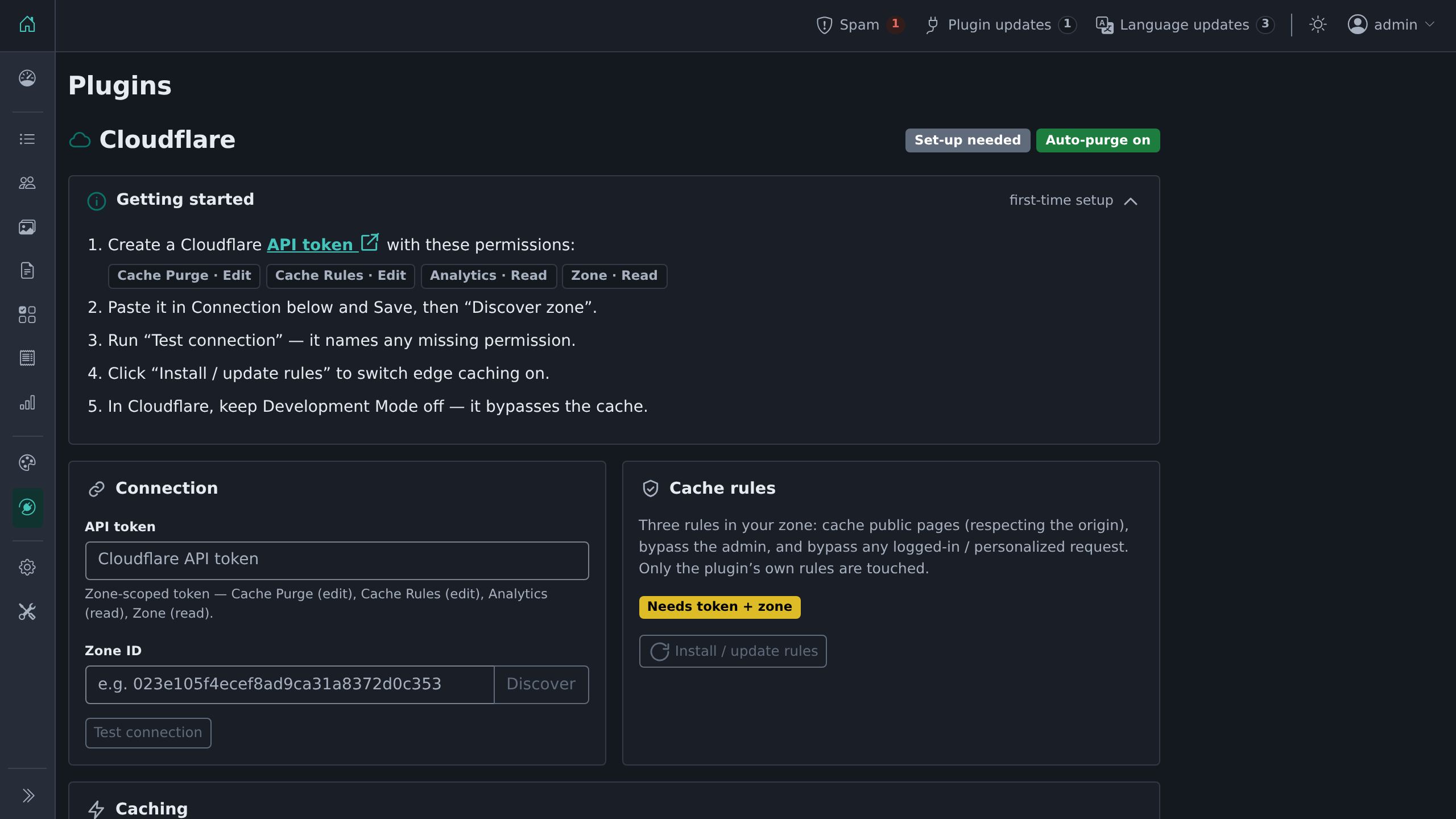The Cloudflare plugin settings page in the ShopClass admin