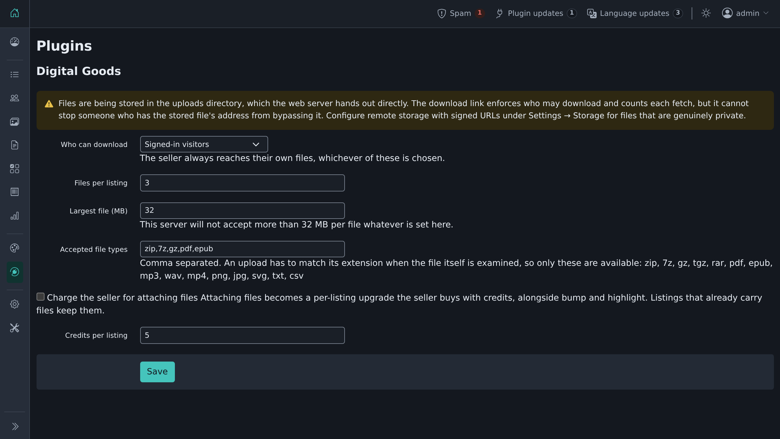 Digital Goods settings in the ShopClass admin