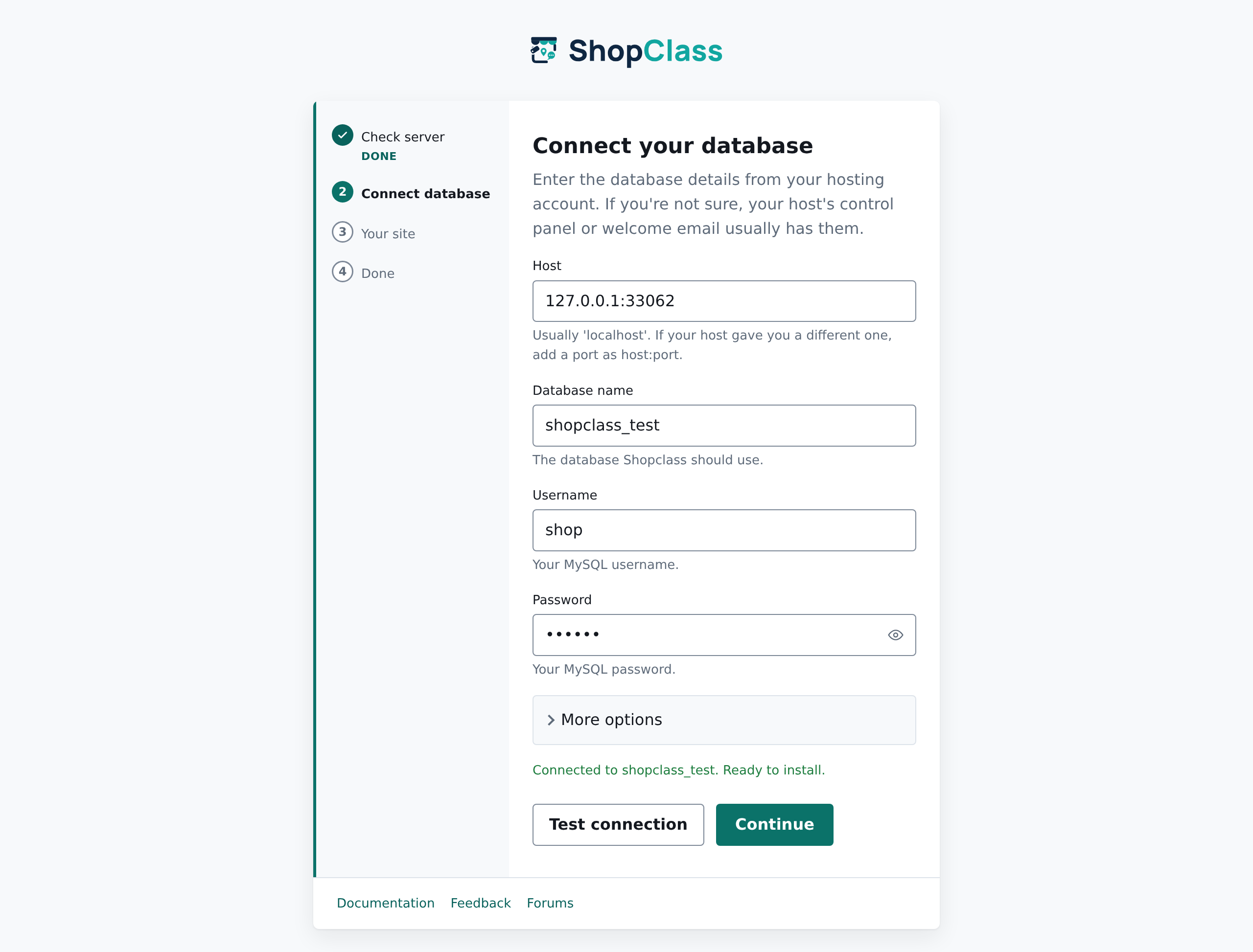Installer step 2: connect the database with a test-connection check