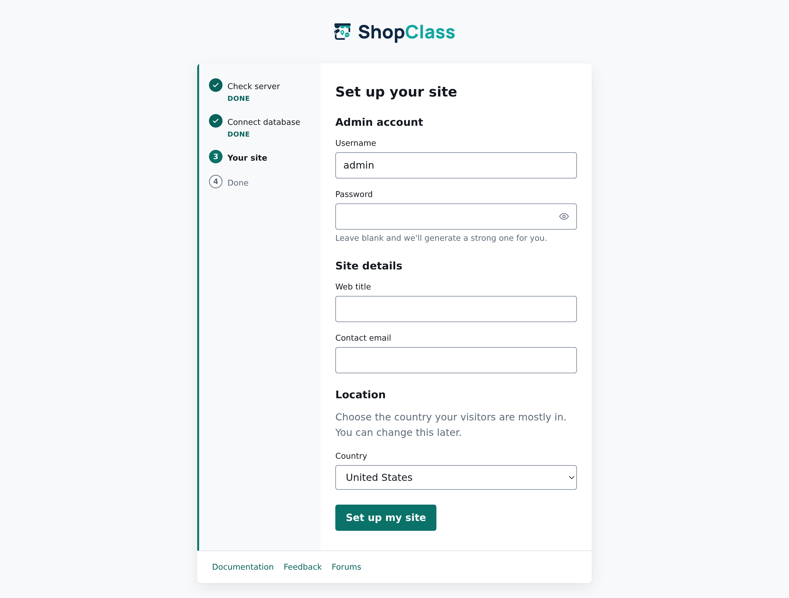 Installer step 3: admin account and site details