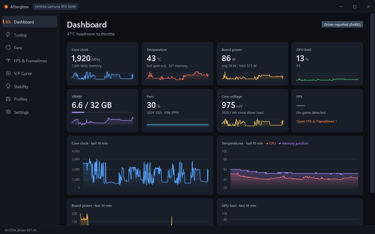 The Afterglow dashboard on an RTX 5090