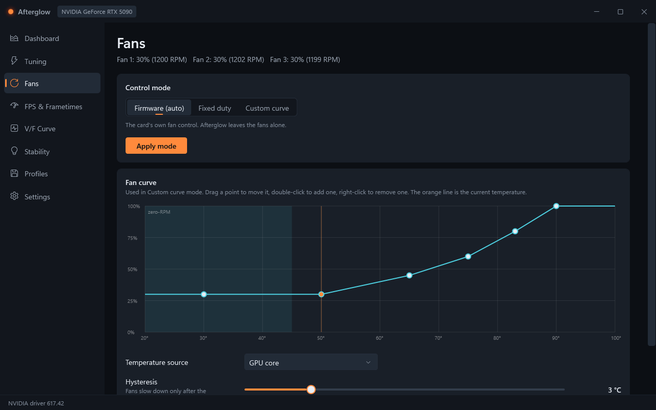 Fans page: control mode and the fan curve editor