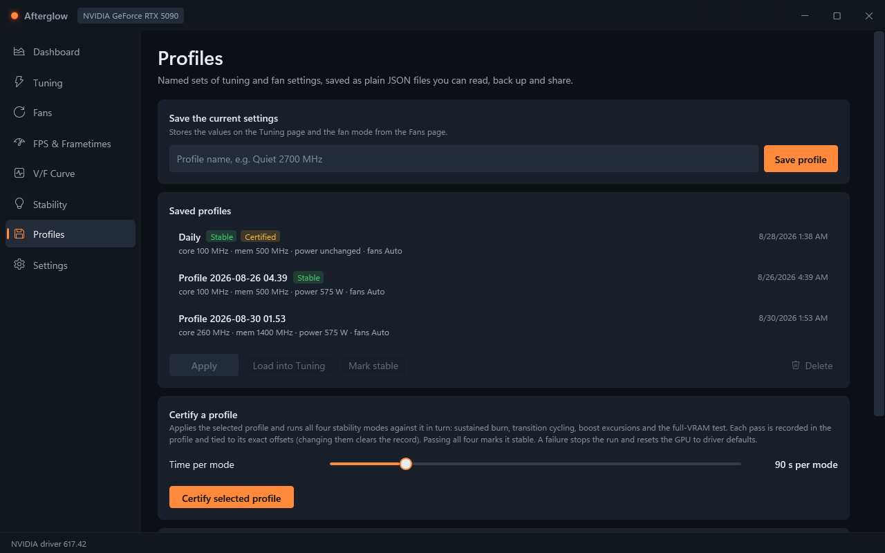 Profiles page: saved profiles with stable and certified badges