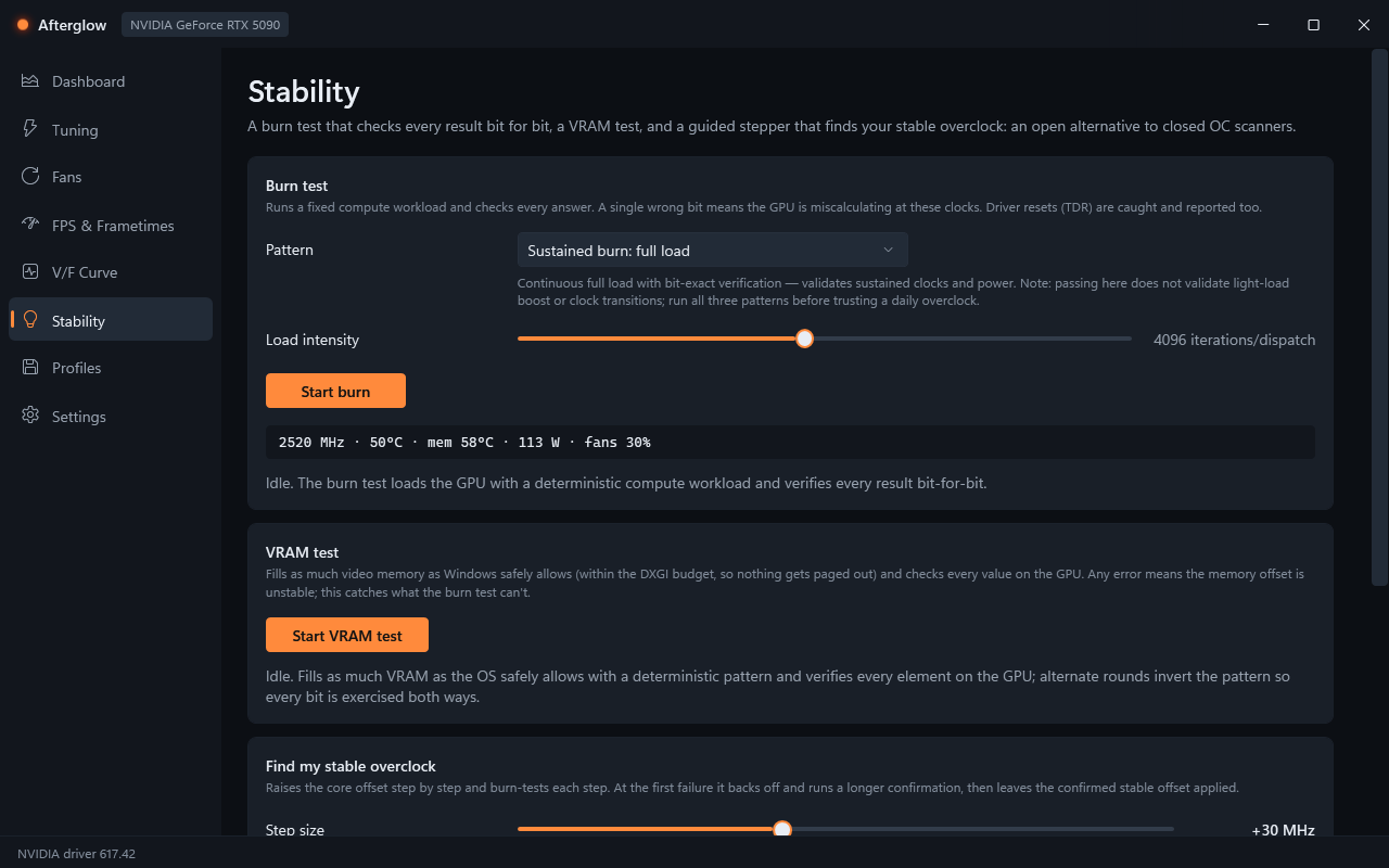 The Stability page: burn test, VRAM test and the overclock stepper