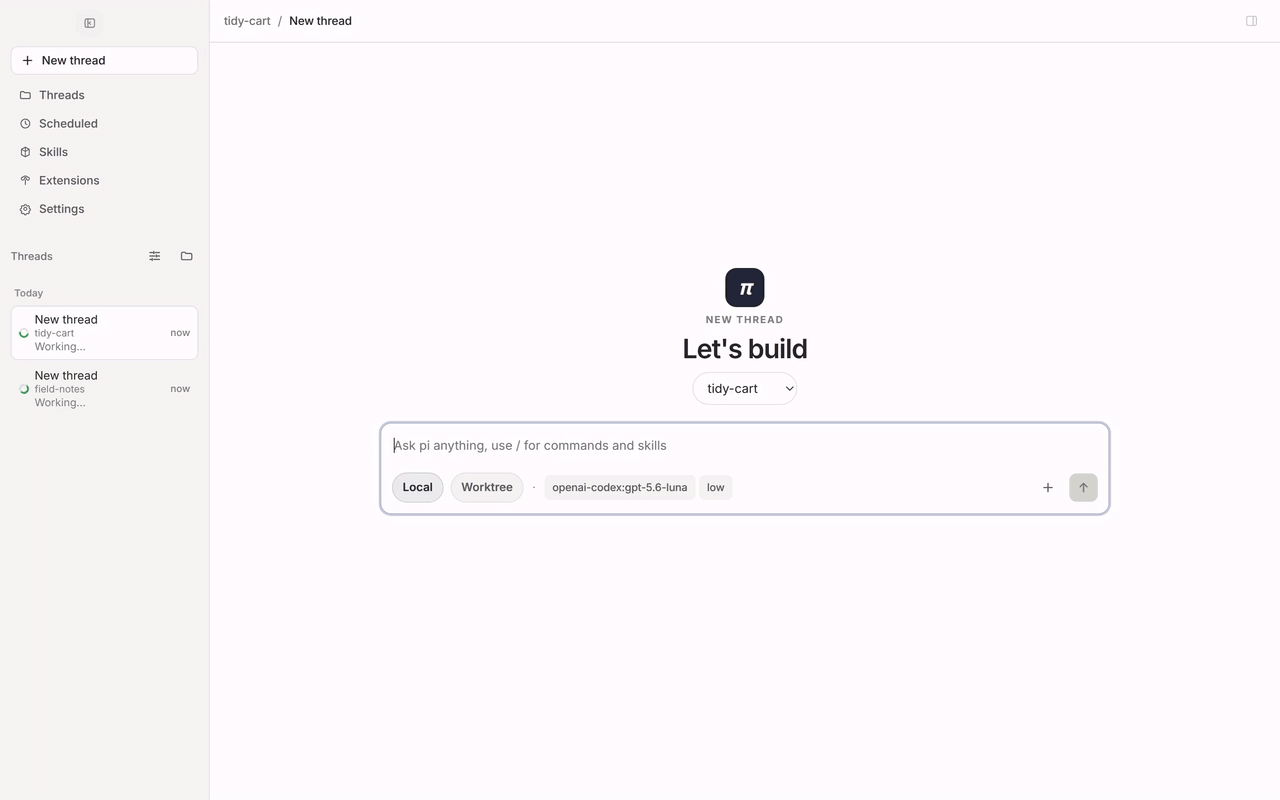 An agent in pi-gui fixing a bug, running the tests, then the change open in the review tab