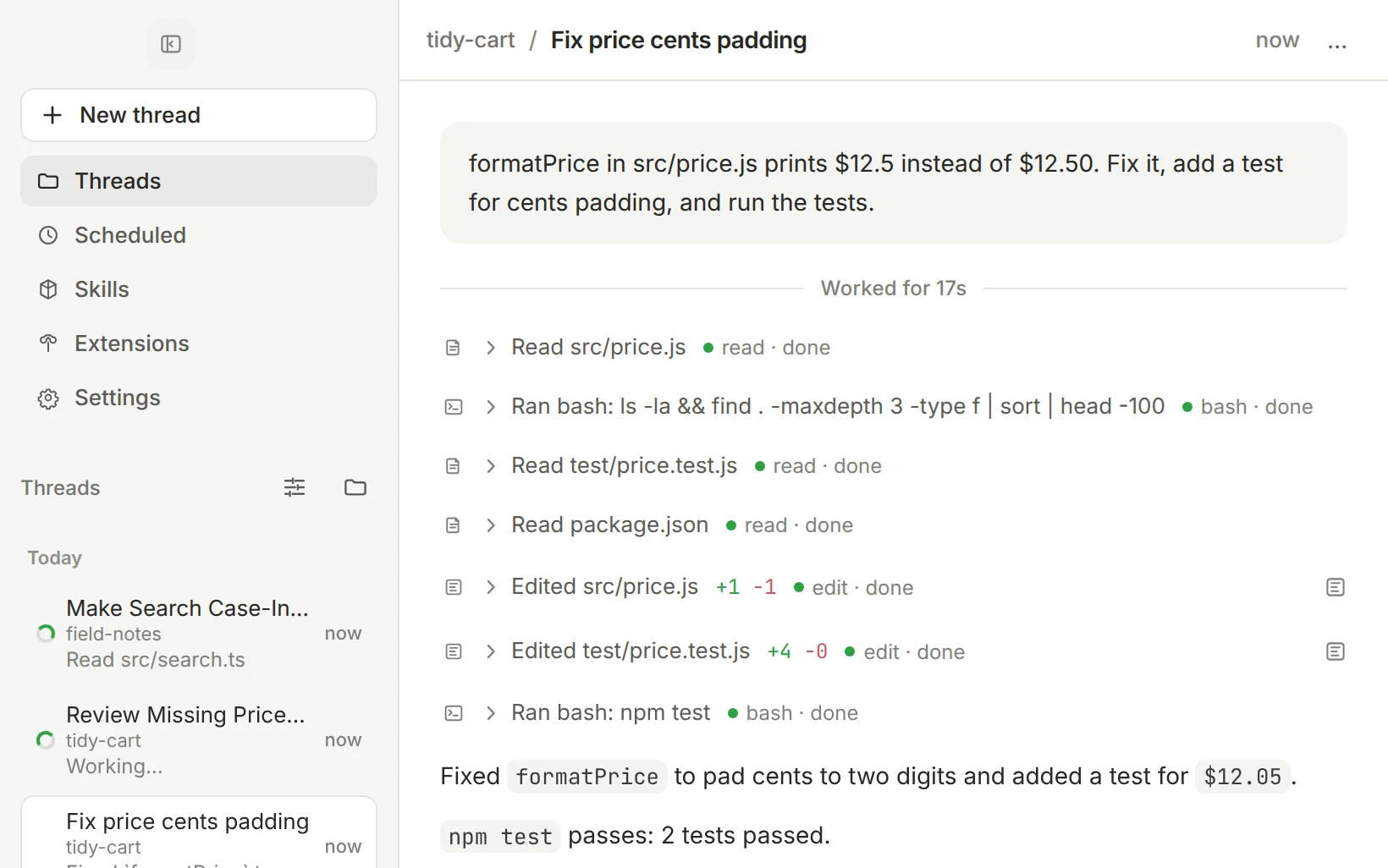 pi-gui running an agent thread while two other threads work in the sidebar