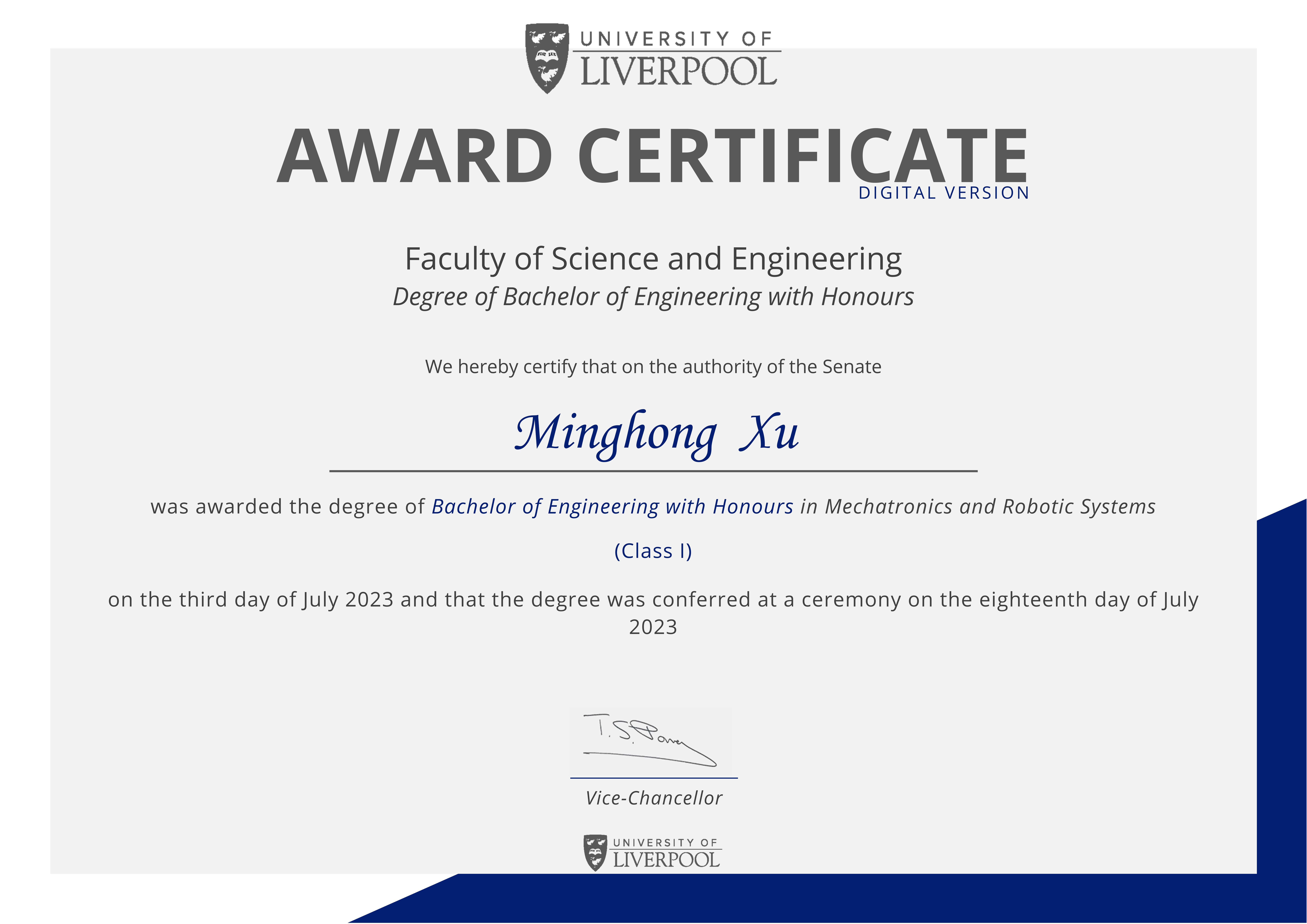 Degree certificate awarded by the University of Liverpool