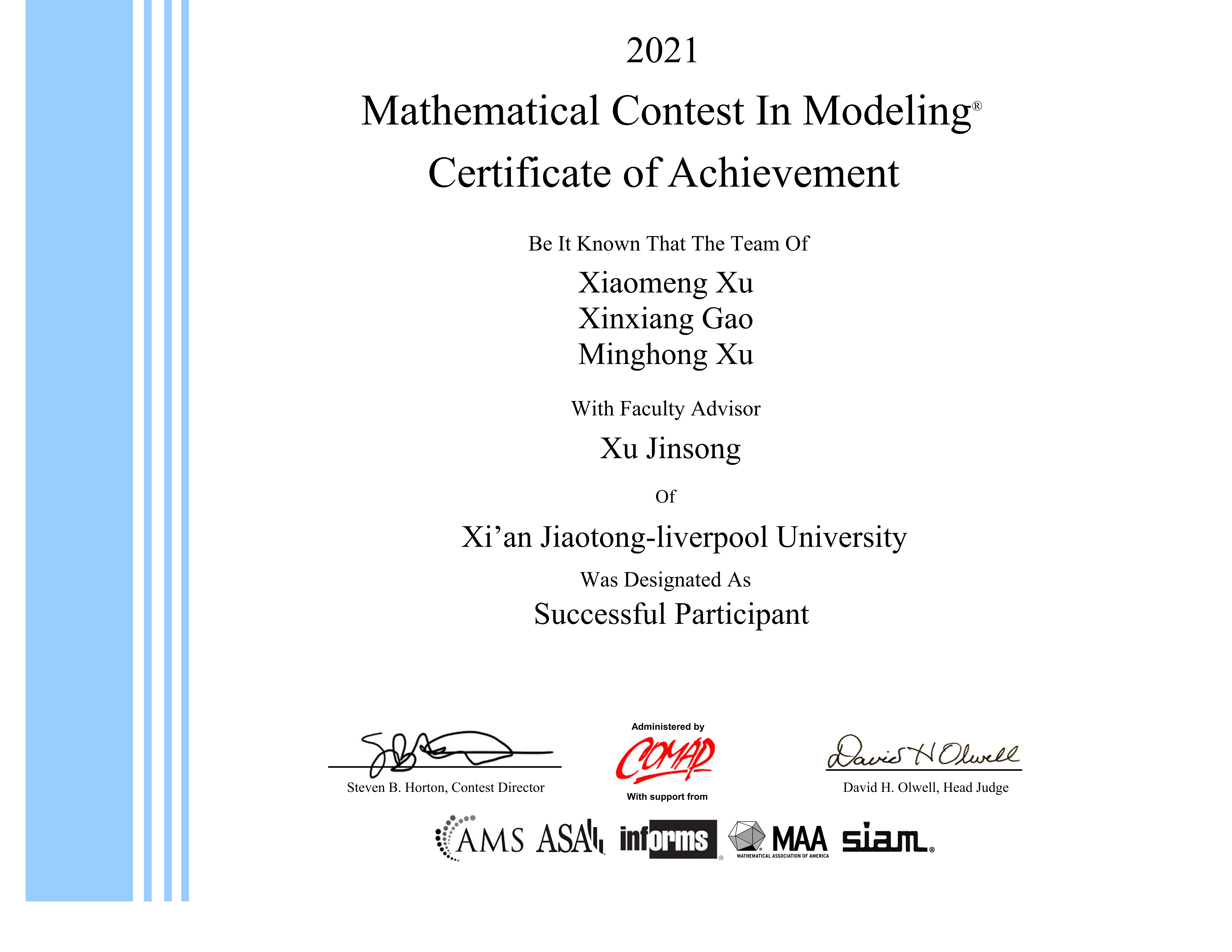 Certificate of Mathematical Contest in Modeling 2021