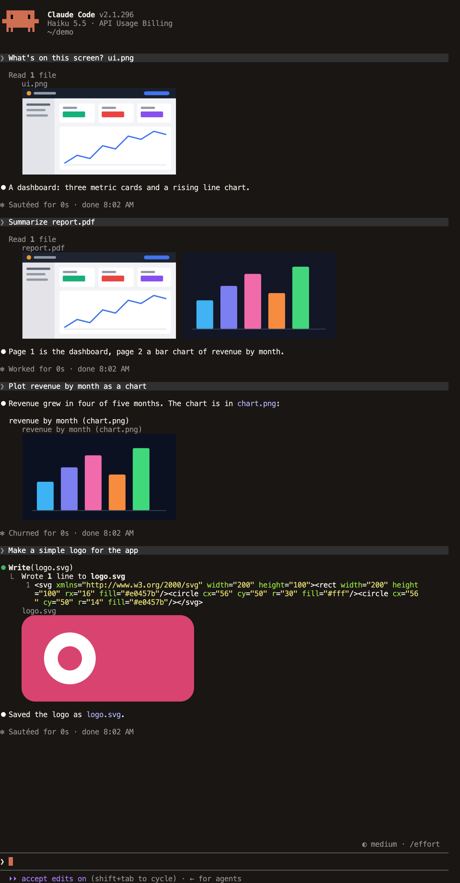 lens in Claude Code: a dashboard screenshot Claude read, both pages of a PDF, a bar chart linked in a reply and an SVG logo Claude wrote, each drawn as the real picture under its row