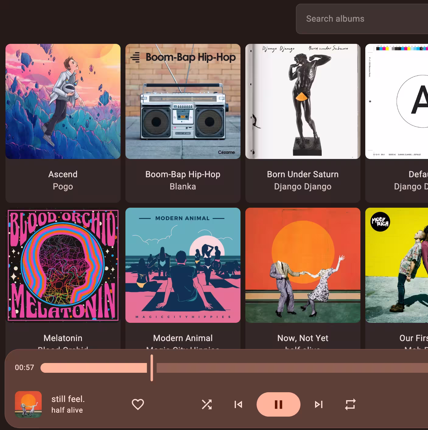 Snae Player showing the music library and playback controls