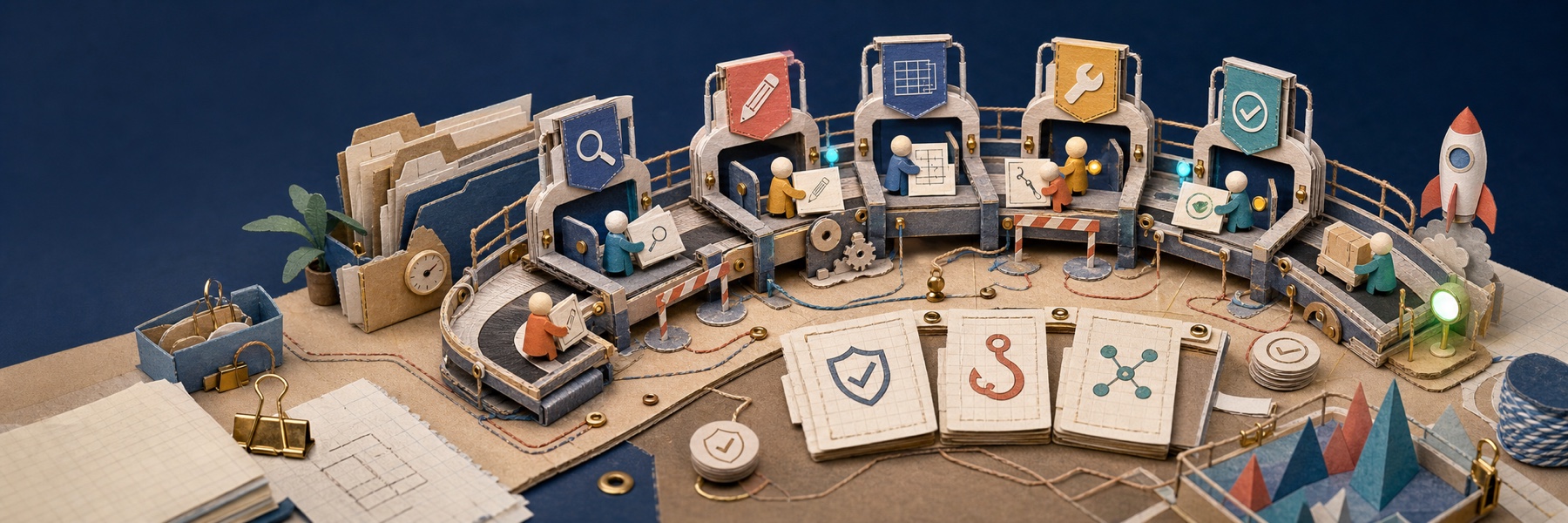 A miniature papercraft workshop moving coding tasks through discovery, design, planning, execution, review, and shipping gates