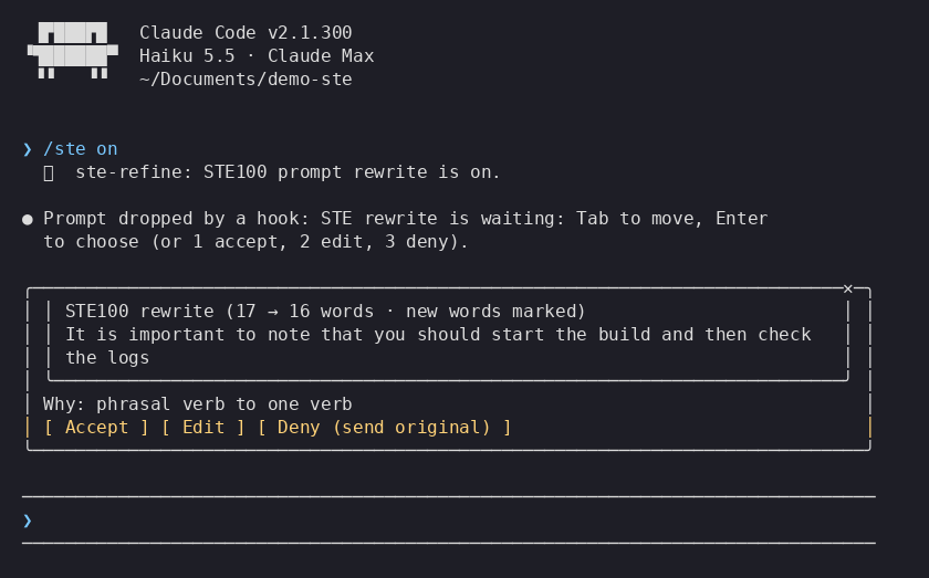 The review pane showing the original prompt, the STE100 rewrite and the Accept, Edit and Deny buttons