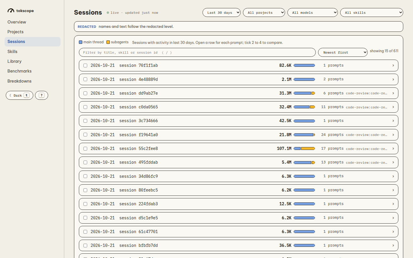 The dashboard Sessions page