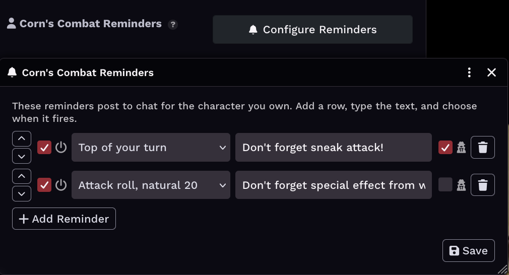 The Configure Reminders window with two example reminders