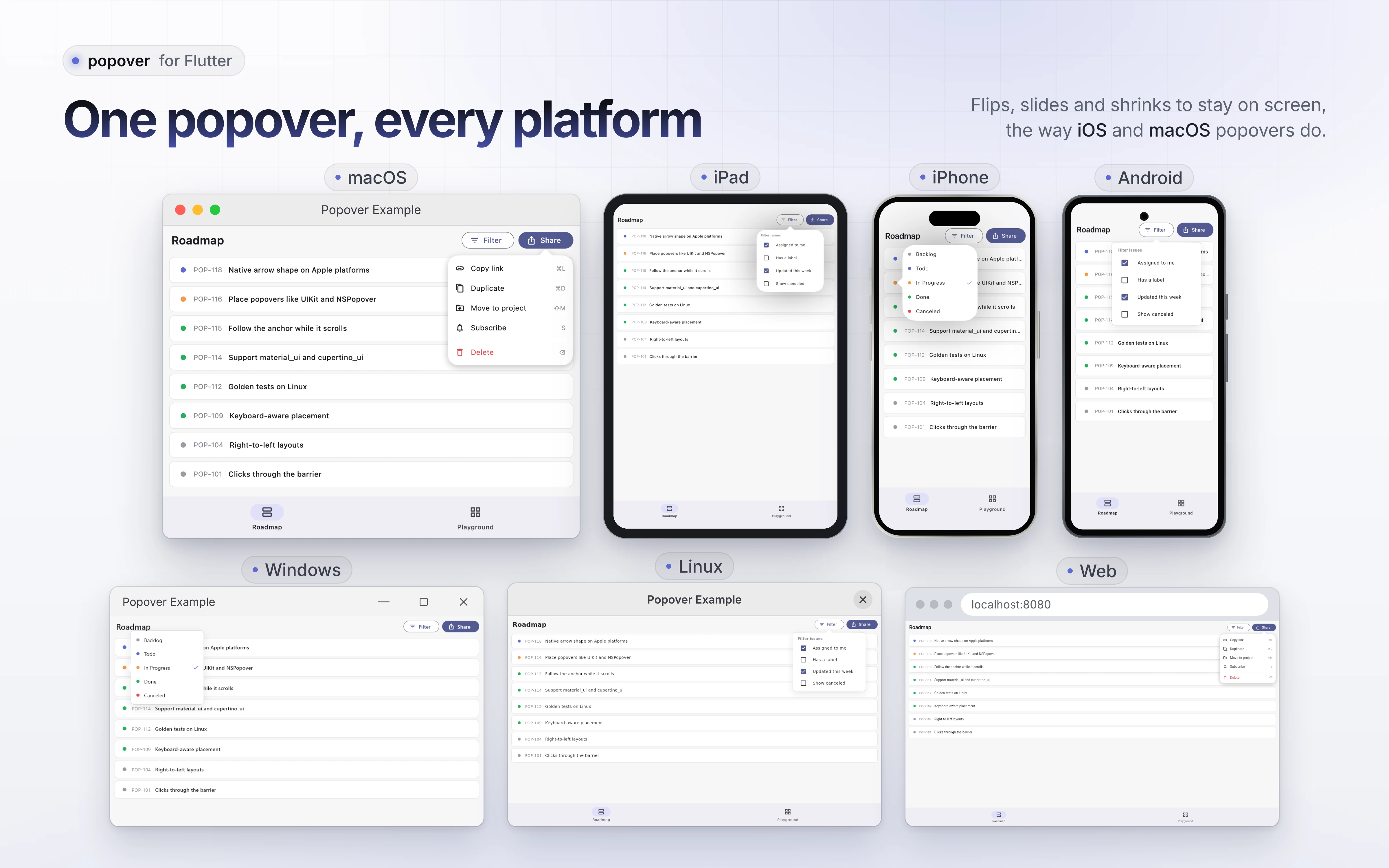 The example app with open popovers on macOS, iPad, iPhone, Android, Windows, Linux and the web
