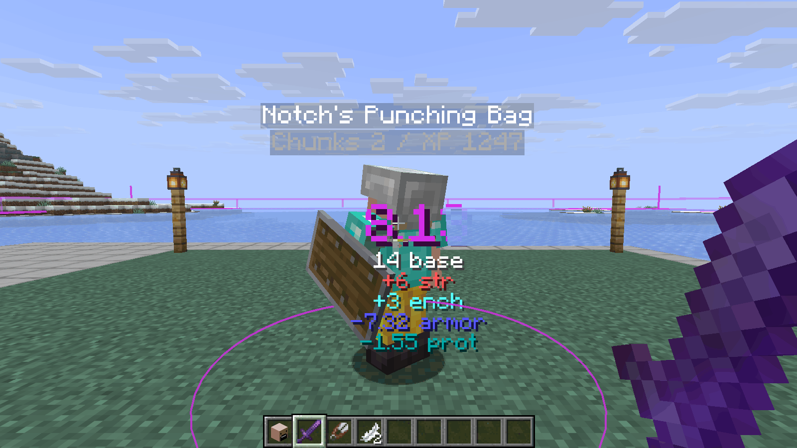 Damage numbers floating over the bag after a hit