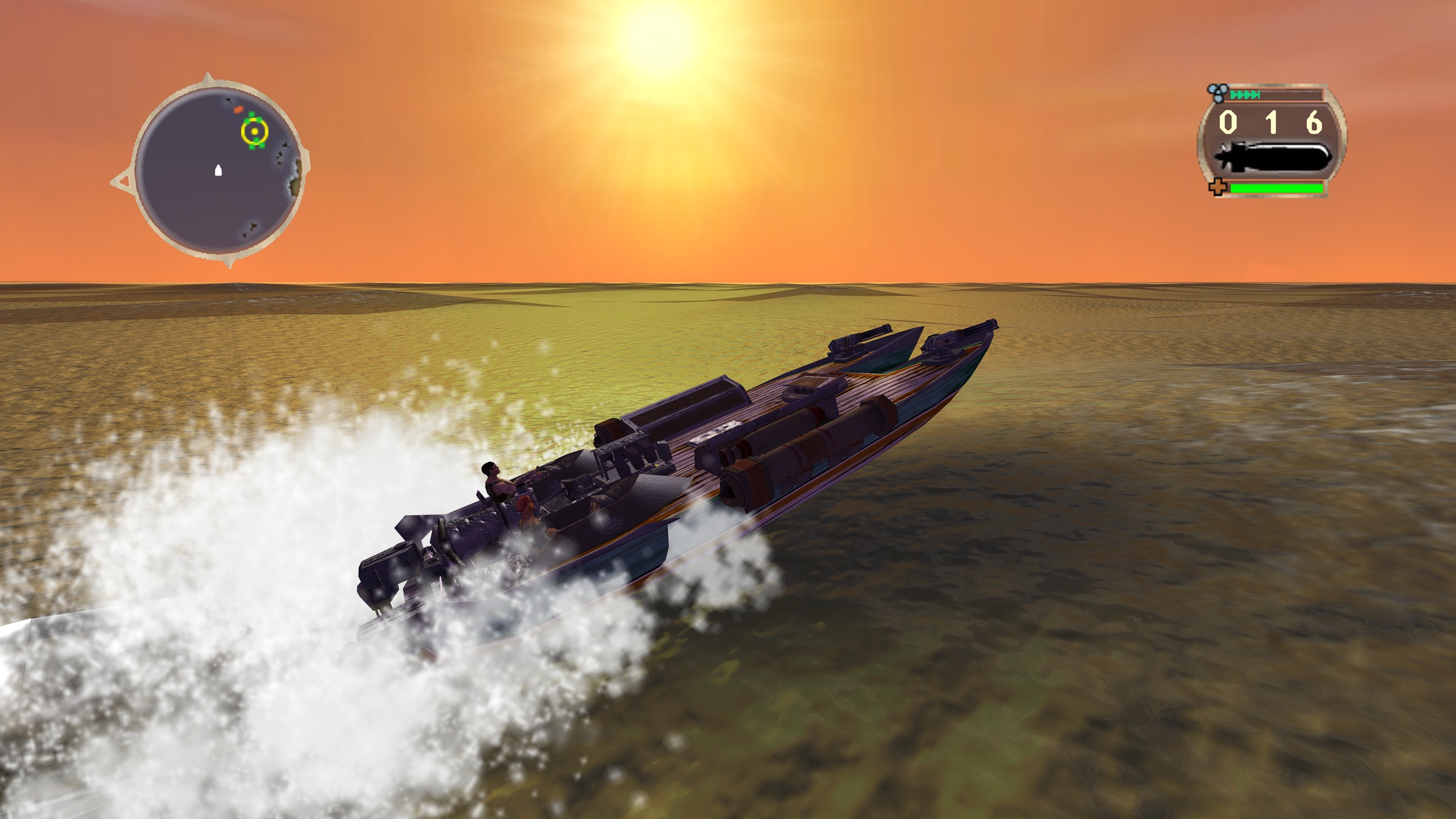 Remastered at 4K: a gunboat at full speed into a low sunset, its wake trailing, the HUD in the corners