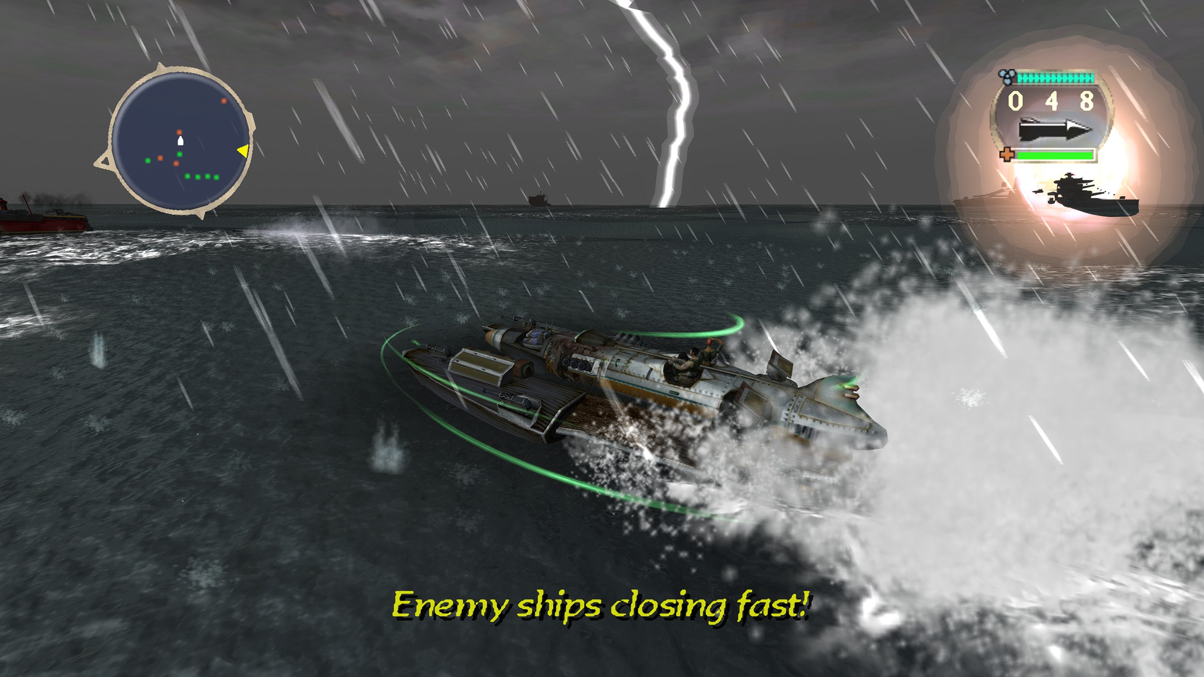 The final storm: lightning, rain, green energy arcs and an enemy ship lit by an explosion, with a radio subtitle