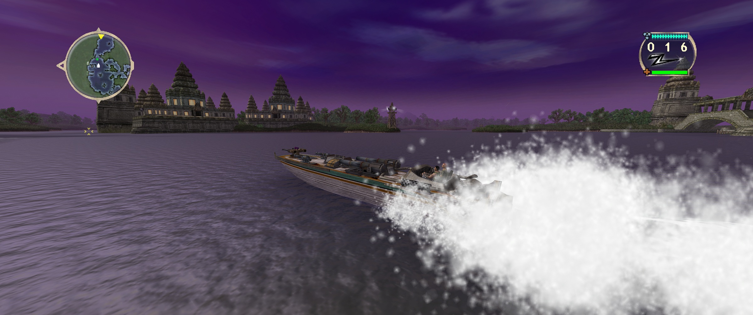 Remastered at 21:9 ultrawide: a temple skyline across the full width, the HUD at the screen's edges
