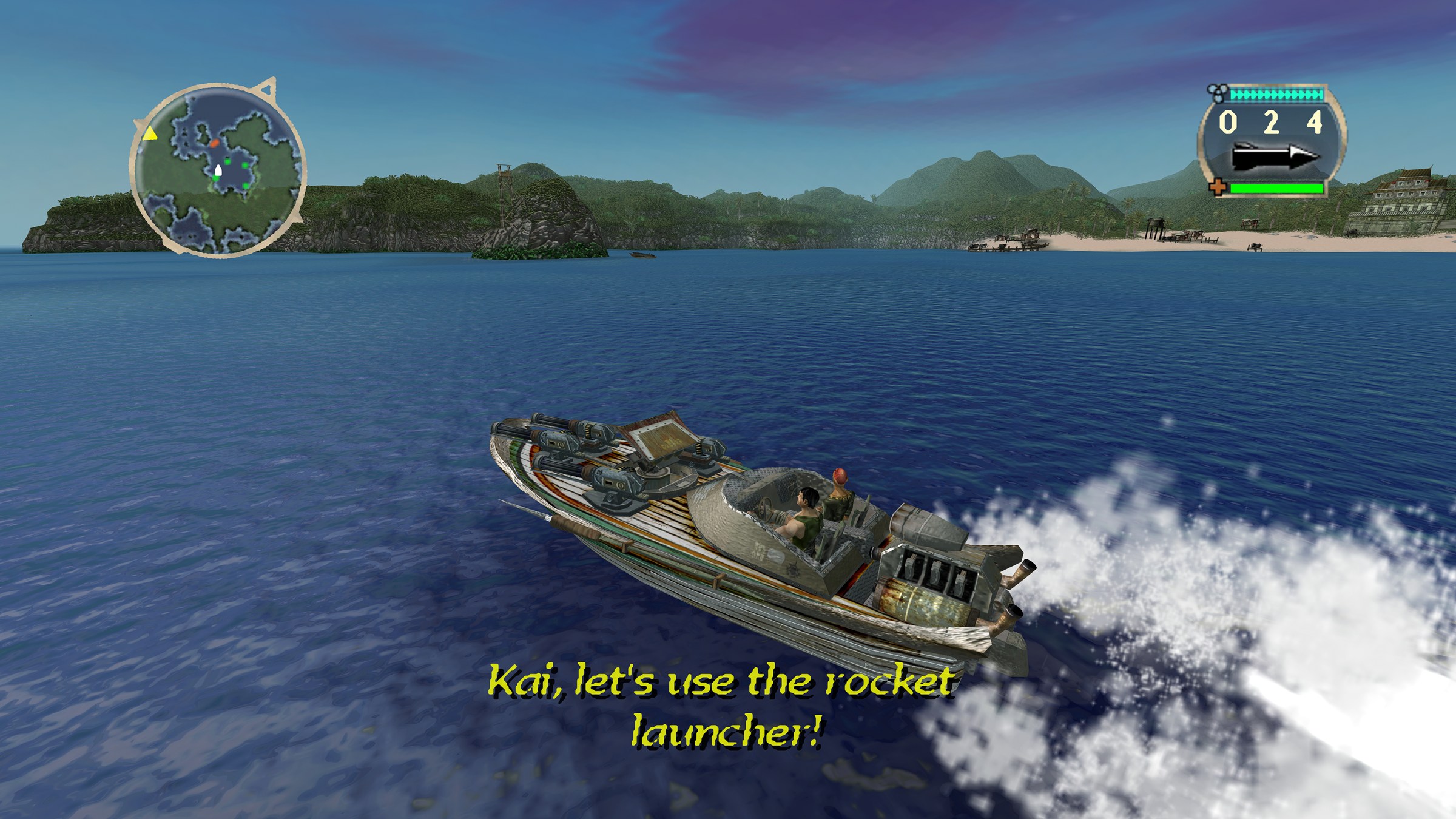 Dawn among tropical islands, with a one-line radio subtitle on screen